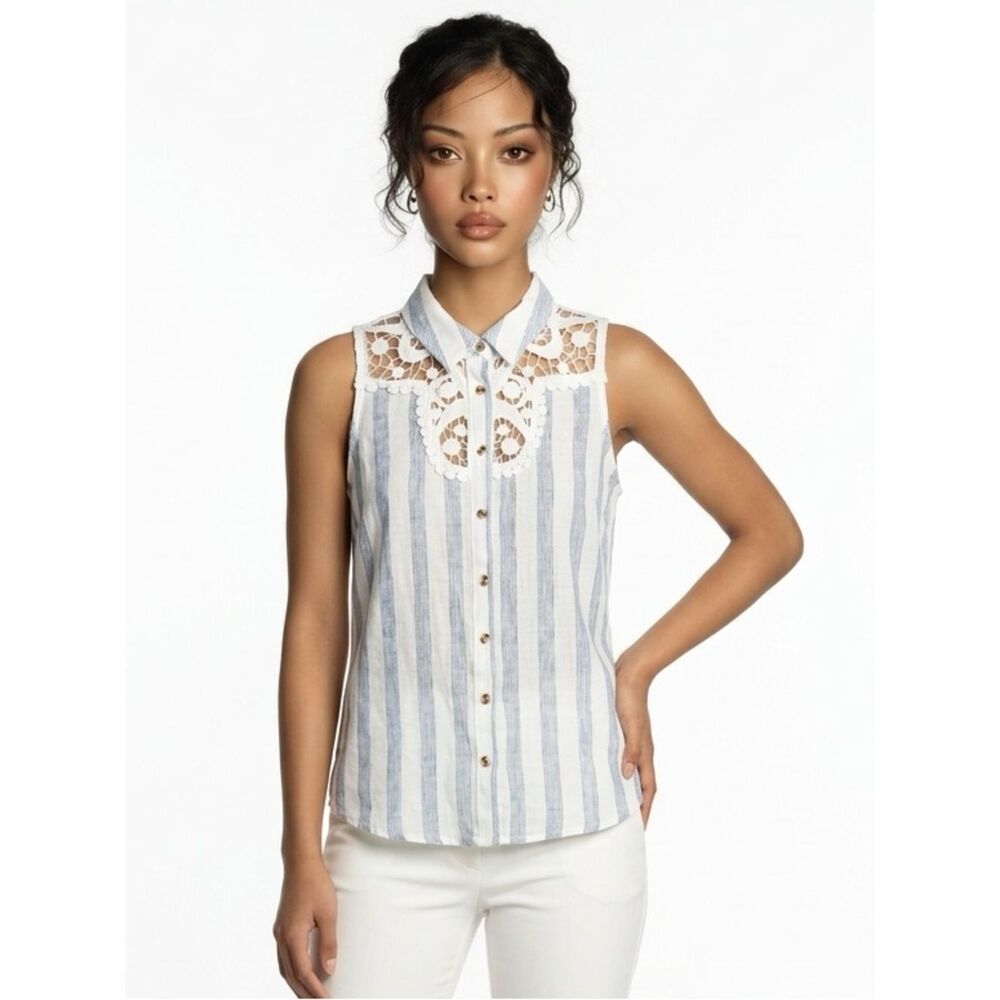 ANTHROPOLOGIE | MAEVE Blue White Striped Crochet Trim Top Women’s Size X-Small